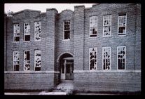 Large Brick building. Black and white photo.